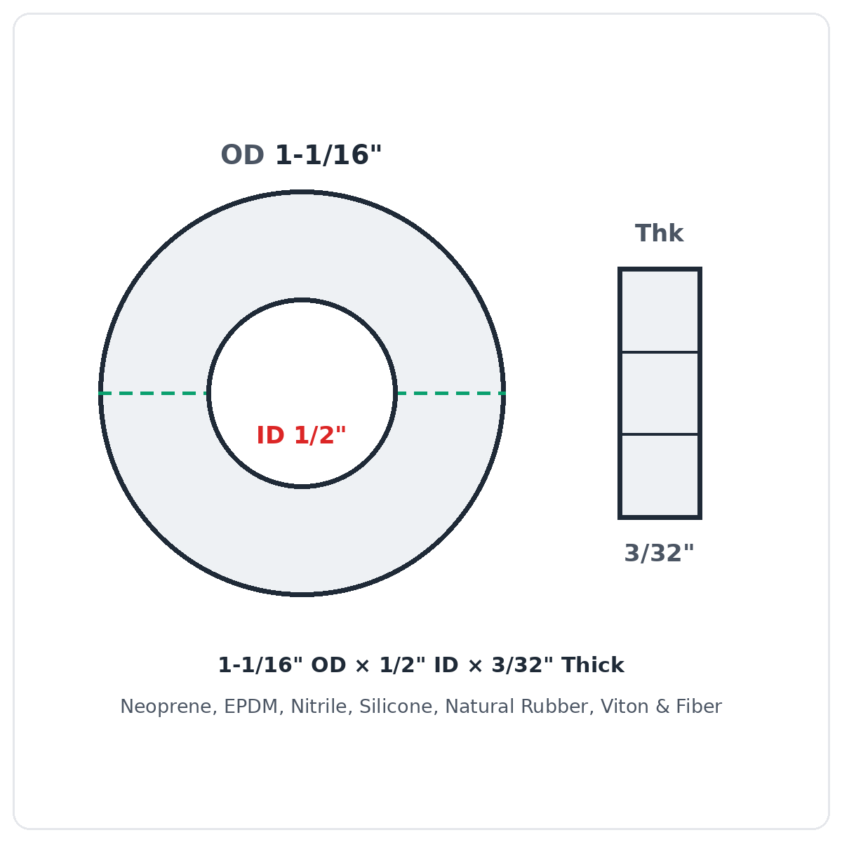 Rubber Washer 1-1/16" OD x 1/2" ID x 3/32" Thick - washer spec diagram