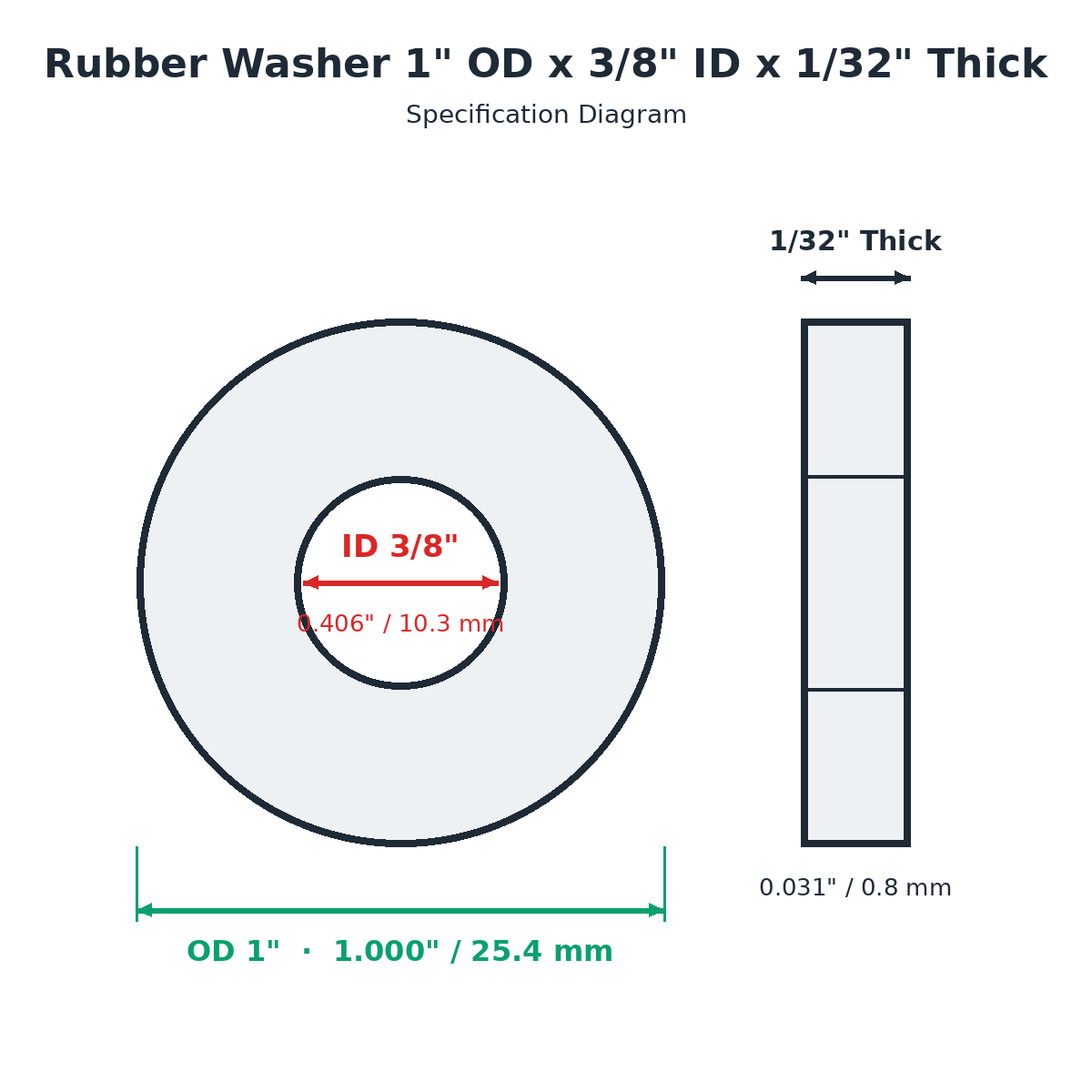 Rubber Washer 1" OD x 3/8" ID x 1/32" Thick - washer spec diagram
