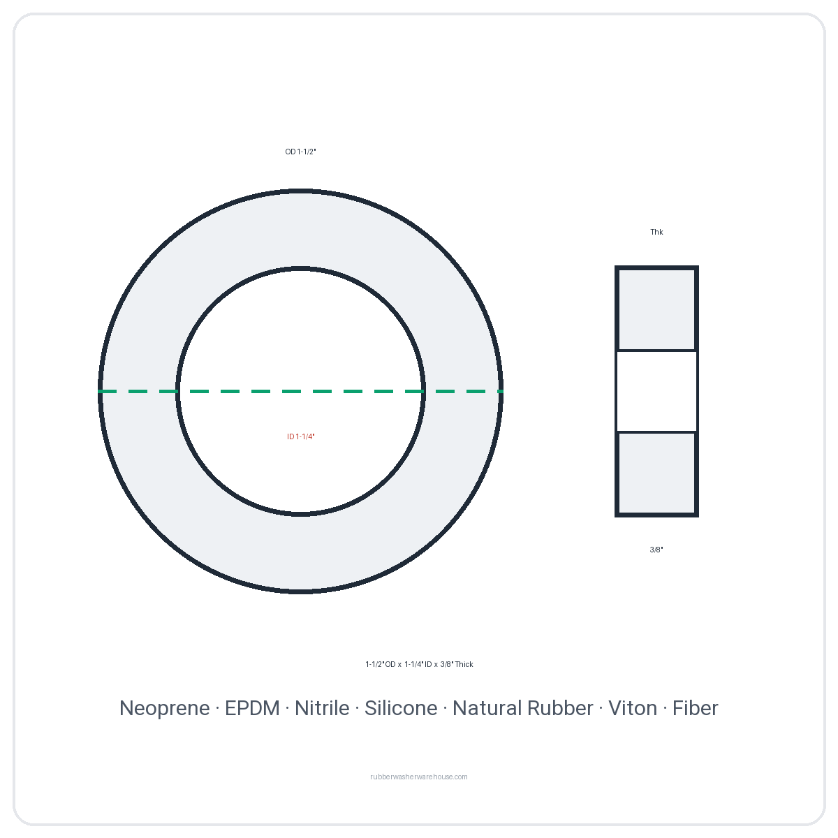 Rubber Washer 1-1/2" OD x 1-1/4" ID x 3/8" Thick - washer spec diagram