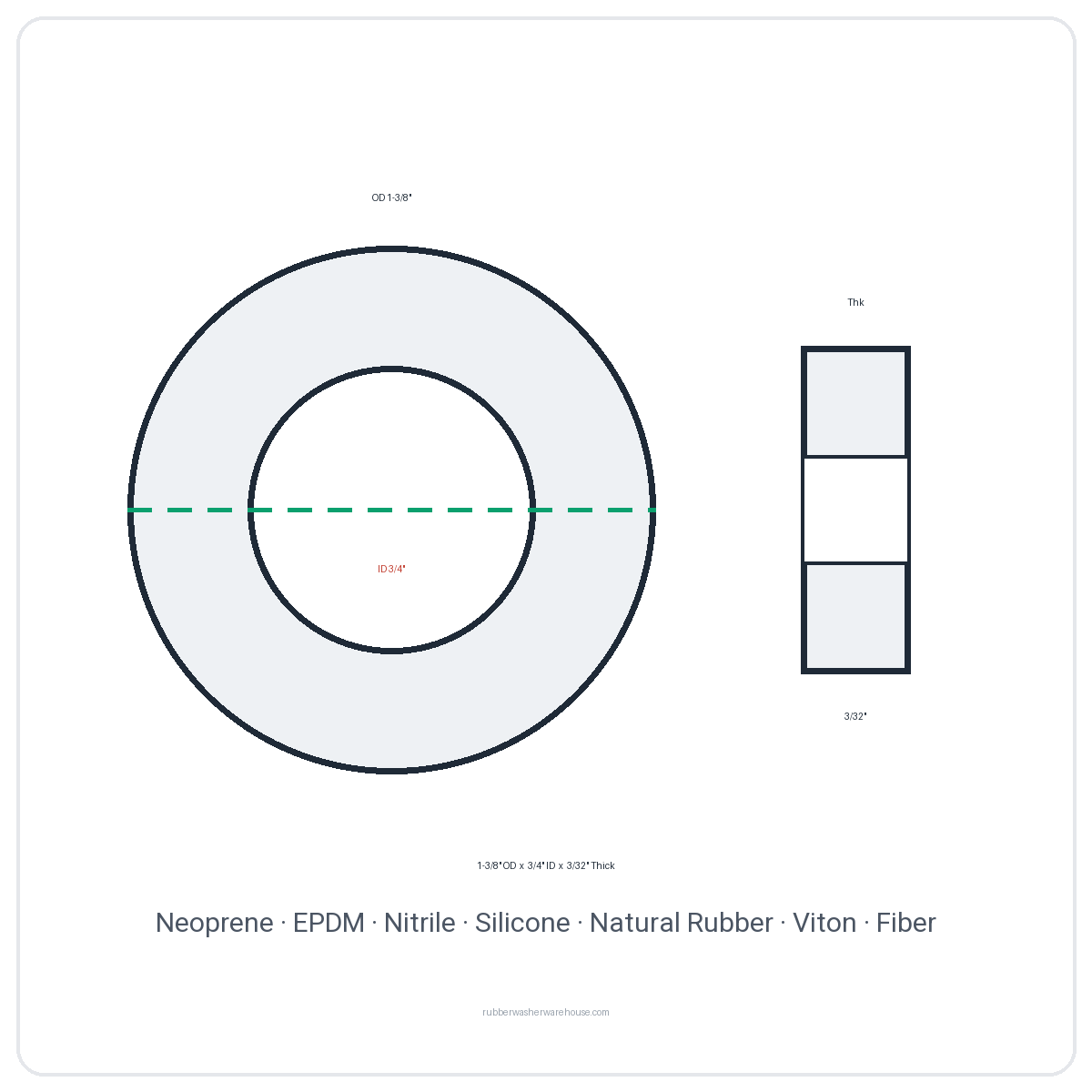 Rubber Washer 1-3/8" OD x 3/4" ID x 3/32" Thick - washer spec diagram