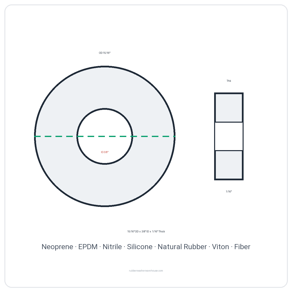 Rubber Washer 15/16" OD x 3/8" ID x 1/16" Thick - washer spec diagram