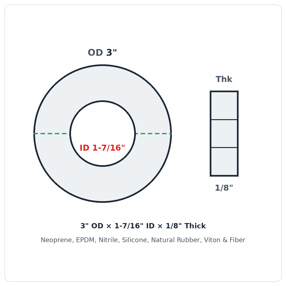 Rubber Washer 3" OD x 1-7/16" ID x 1/8" Thick - washer spec diagram