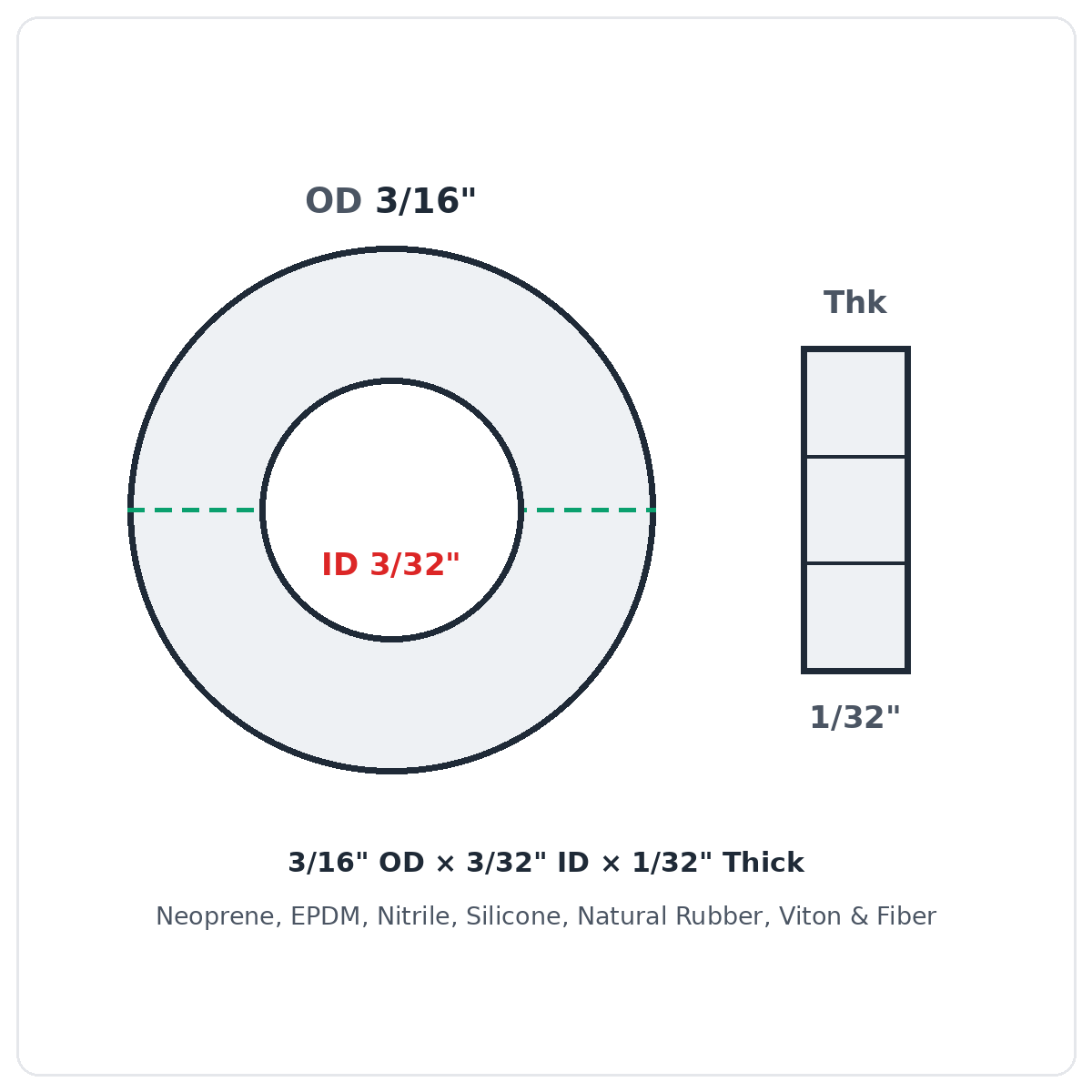 Rubber Washer 3/16" OD x 3/32" ID x 1/32" Thick - washer spec diagram