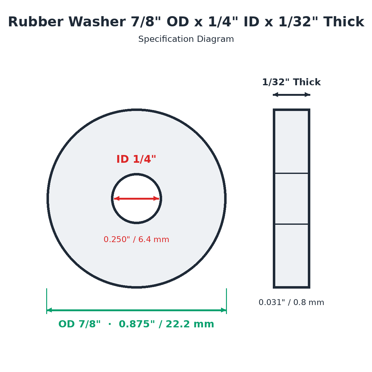 Rubber Washer 7/8" OD x 1/4" ID x 1/32" Thick - washer spec diagram