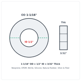 Rubber Washer 1-1/16" OD x 1/2" ID x 3/32" Thick