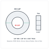 Rubber Washer 1/4" OD x 1/8" ID x 3/32" Thick