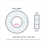 Rubber Washer 1-5/16" OD x 5/8" ID x 3/32" Thick