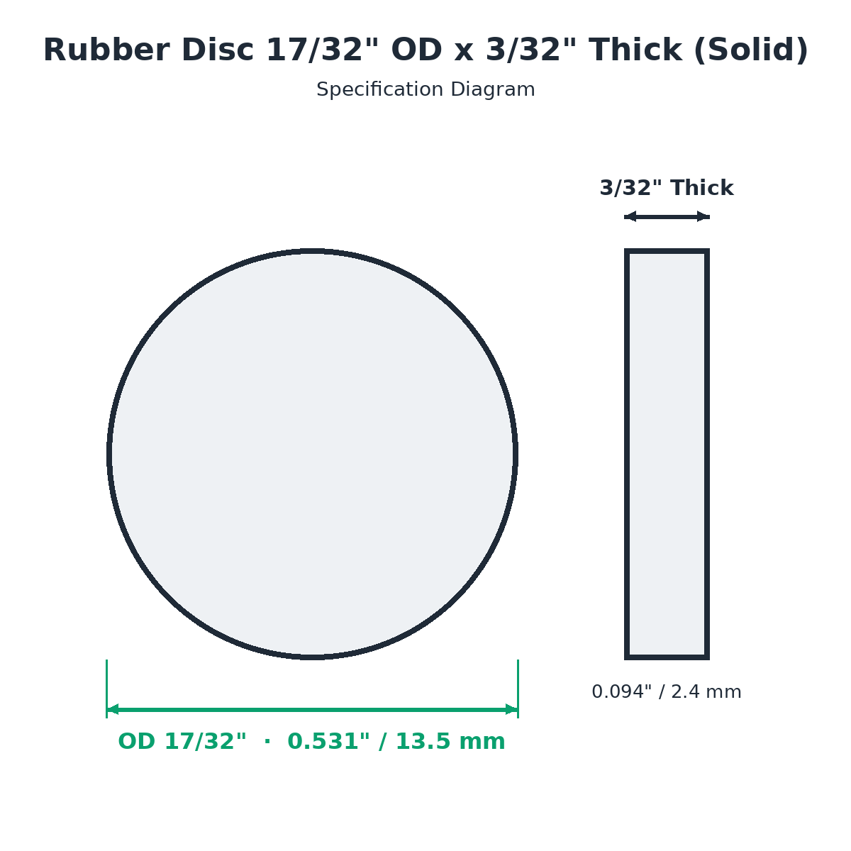 Rubber Disc 17/32" OD x 3/32" Thick (Solid) - washer spec diagram