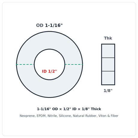 Rubber Washer 1-1/16" OD x 1/2" ID x 1/8" Thick - washer spec diagram