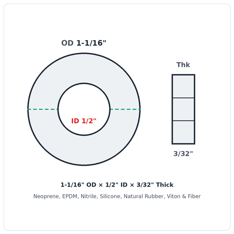 Rubber Washer 1-1/16" OD x 1/2" ID x 3/32" Thick - washer spec diagram