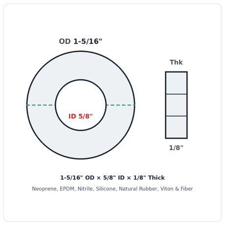 Rubber Washer 1-5/16" OD x 5/8" ID x 1/8" Thick - washer spec diagram
