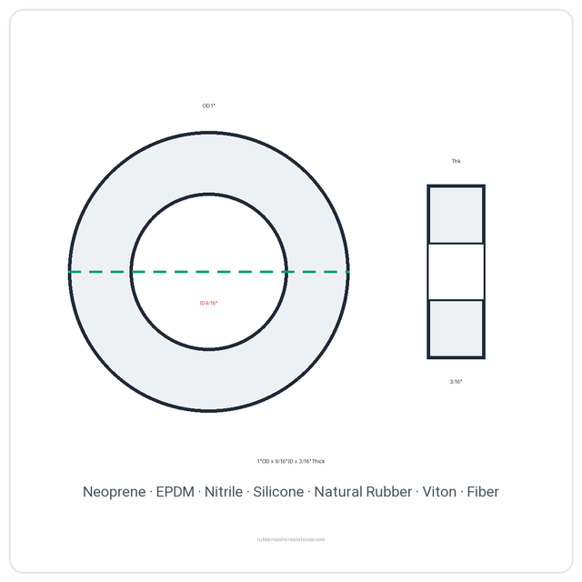 Rubber Washer 1" OD x 9/16" ID x 3/16" Thick - washer spec diagram
