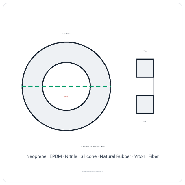 Rubber Washer 11/16" OD x 3/8" ID x 3/16" Thick - washer spec diagram