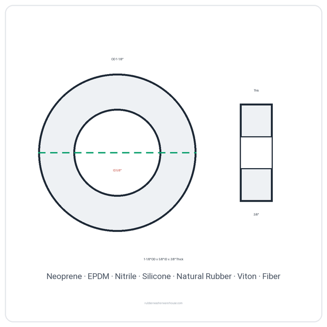 Rubber Washer 1-1/8" OD x 5/8" ID x 3/8" Thick - washer spec diagram