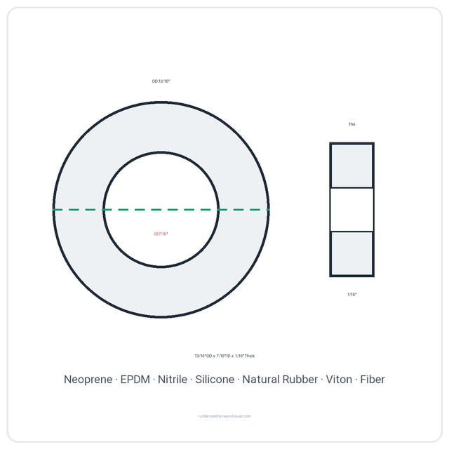 Rubber Washer 13/16" OD x 7/16" ID x 1/16" Thick - washer spec diagram