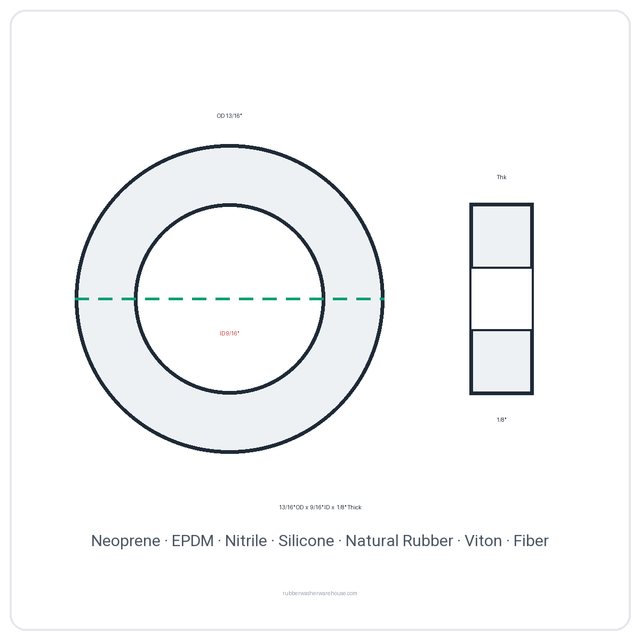Rubber Washer 13/16" OD x 9/16" ID x 1/8" Thick - washer spec diagram