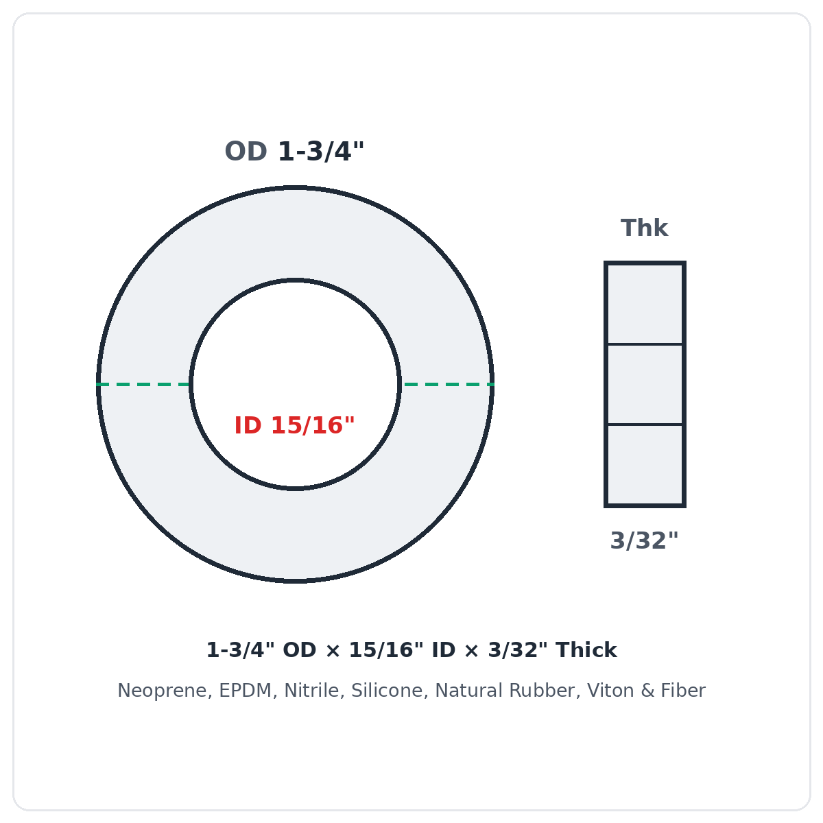 Rubber Washer 1-3/4" OD x 15/16" ID x 3/32" Thick - washer spec diagram