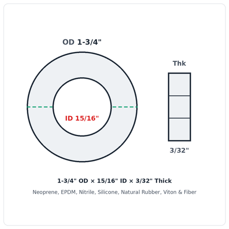 Rubber Washer 1-3/4" OD x 15/16" ID x 3/32" Thick - washer spec diagram