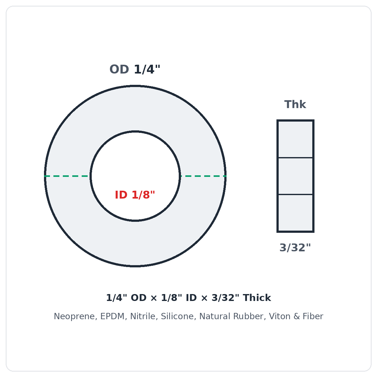 Rubber Washer 1/4" OD x 1/8" ID x 3/32" Thick - washer spec diagram