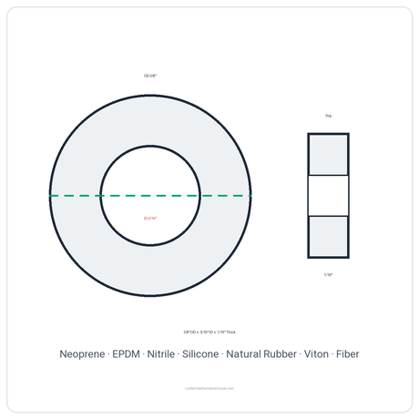 Rubber Washer 3/8" OD x 3/16" ID x 1/16" Thick - washer spec diagram