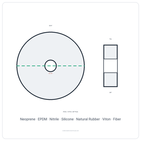 Rubber Washer 4" OD x 1/4" ID x 3/8" Thick - washer spec diagram