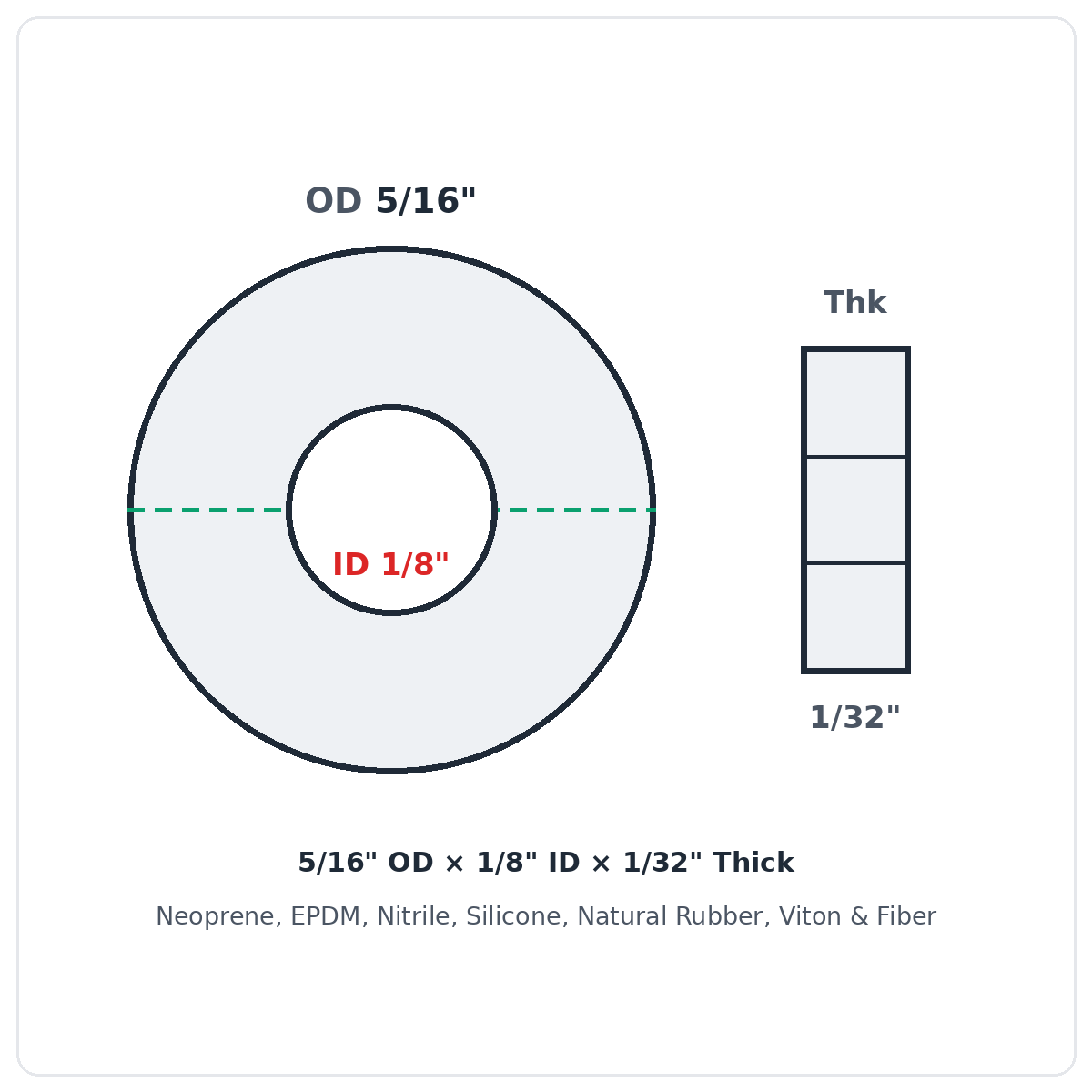 Rubber Washer 5/16" OD x 1/8" ID x 1/32" Thick - washer spec diagram
