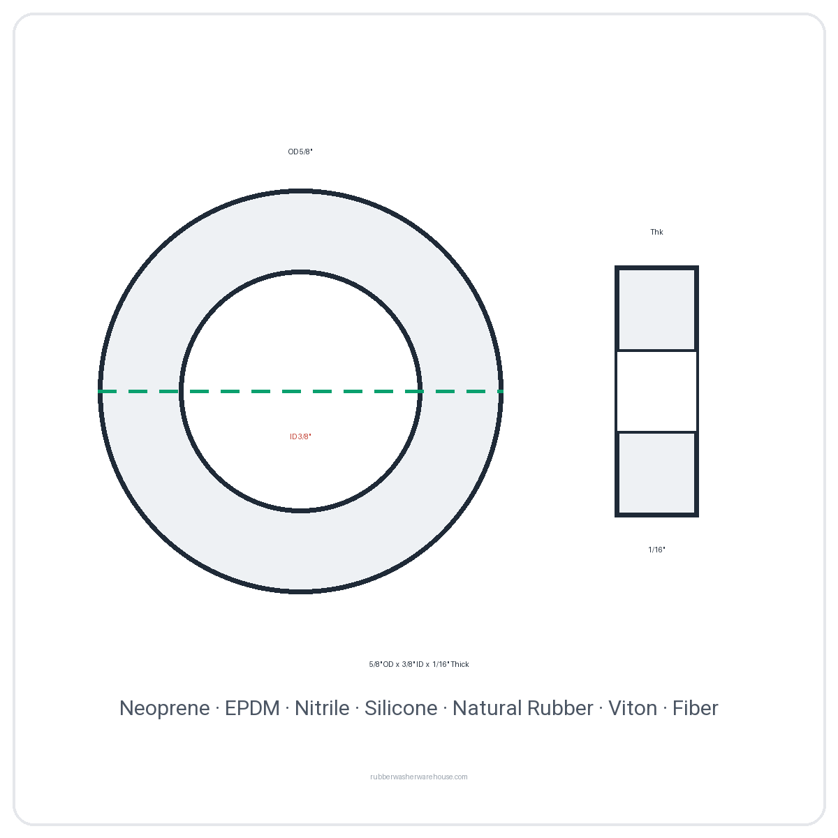 Rubber Washer 5/8" OD x 3/8" ID x 1/16" Thick - washer spec diagram