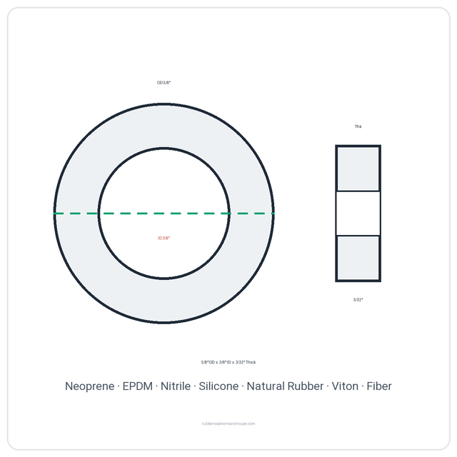 Rubber Washer 5/8" OD x 3/8" ID x 3/32" Thick - washer spec diagram