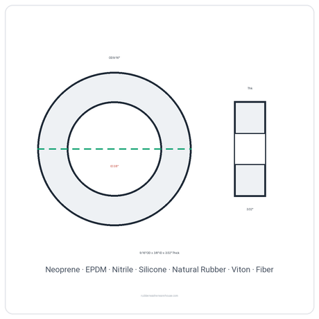 Rubber Washer 9/16" OD x 3/8" ID x 3/32" Thick - washer spec diagram